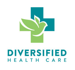 A cross with a dove and the words diversified health care.