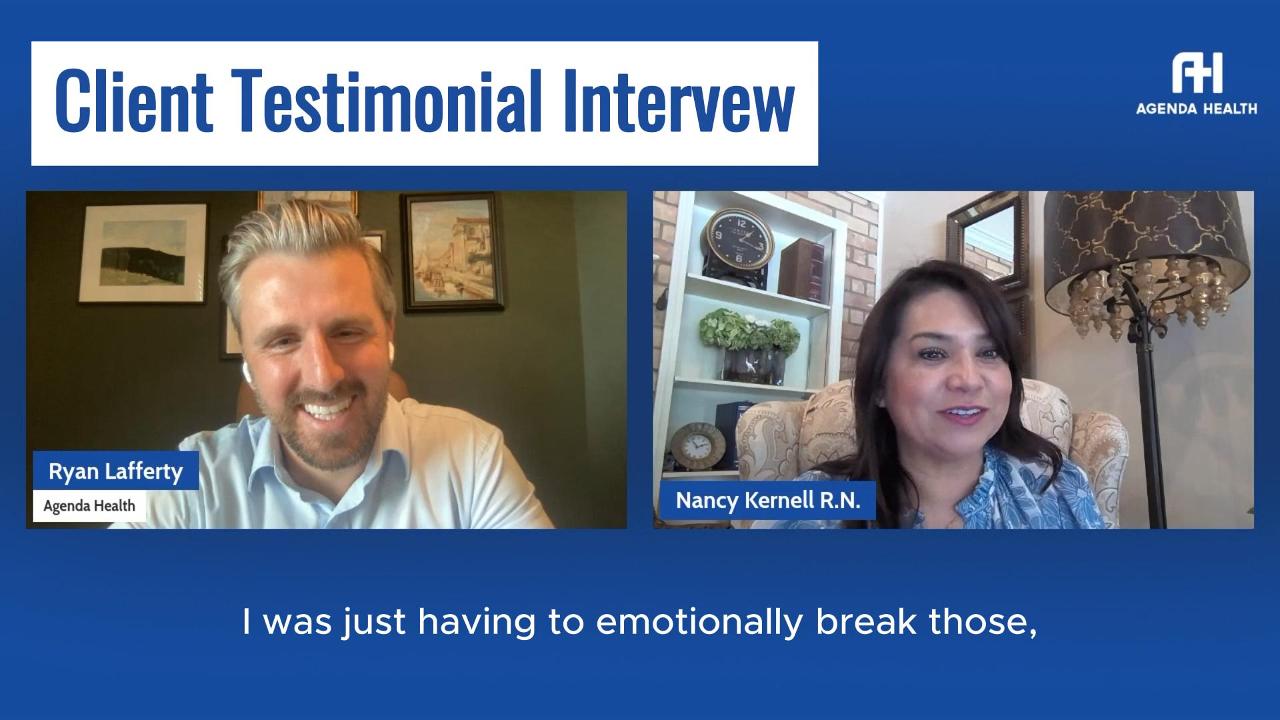 A client testimonial interview with a man and a woman.