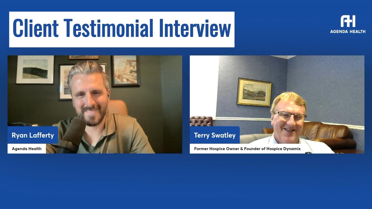 A client testimonial interview with two men in front of a blue background.